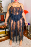 Black Sexy Plus Size Solid Patchwork See-through Backless Spaghetti Strap Long Dress