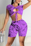 Purple Sexy Print Hollowed Out Split Joint Frenulum O Neck Short Sleeve Two Pieces