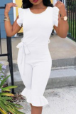 White Casual Solid Flounce O Neck Regular Rompers