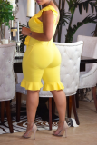 Yellow Casual Solid Flounce O Neck Regular Rompers
