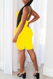 Yellow Sexy Print Backless Spaghetti Strap Straight Rompers