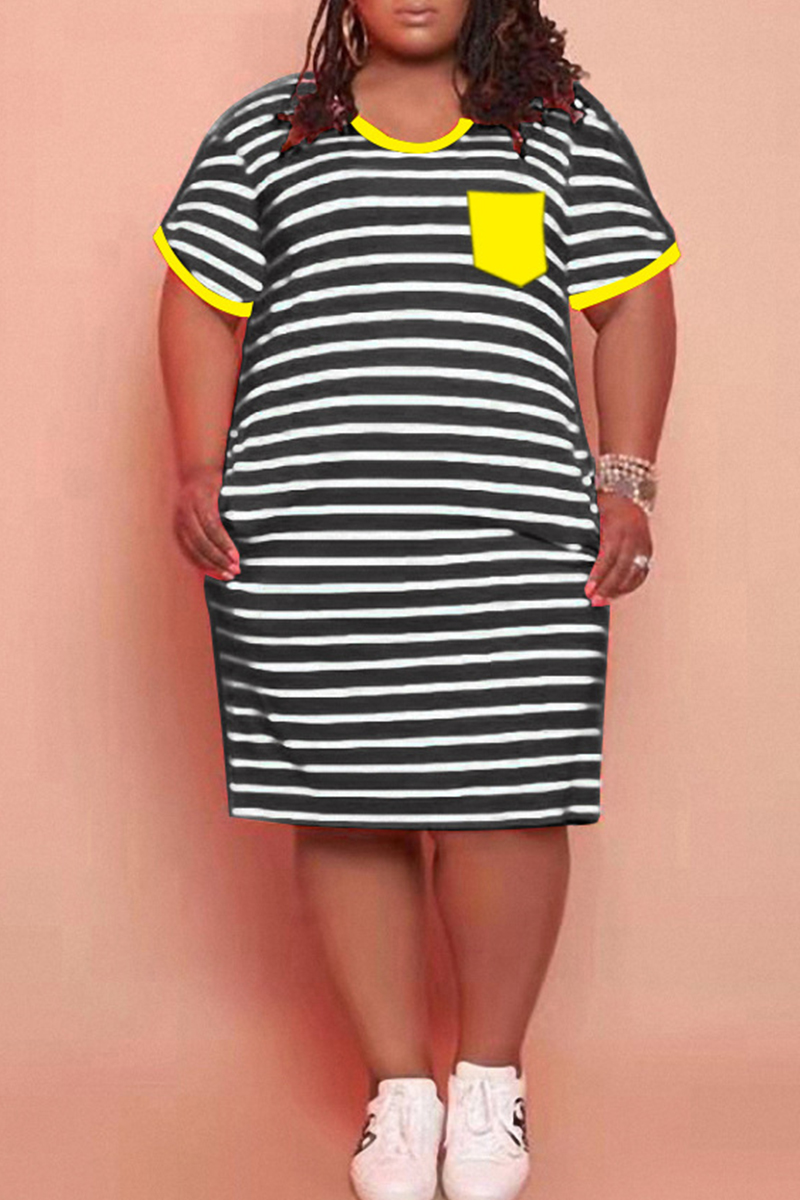 

Yellow Fashion Casual Plus Size Striped Print Split Joint O Neck Short Sleeve Dress