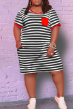 Purple Fashion Casual Plus Size Striped Print Patchwork O Neck Short Sleeve Dress