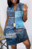 Blue Fashion Casual Print Basic V Neck Vest Dress