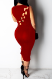 Burgundy Sexy Solid Hollowed Out O Neck Pencil Skirt Dresses