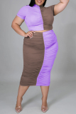 Purple Fashion Casual Patchwork Fold Half A Turtleneck Plus Size Two Pieces