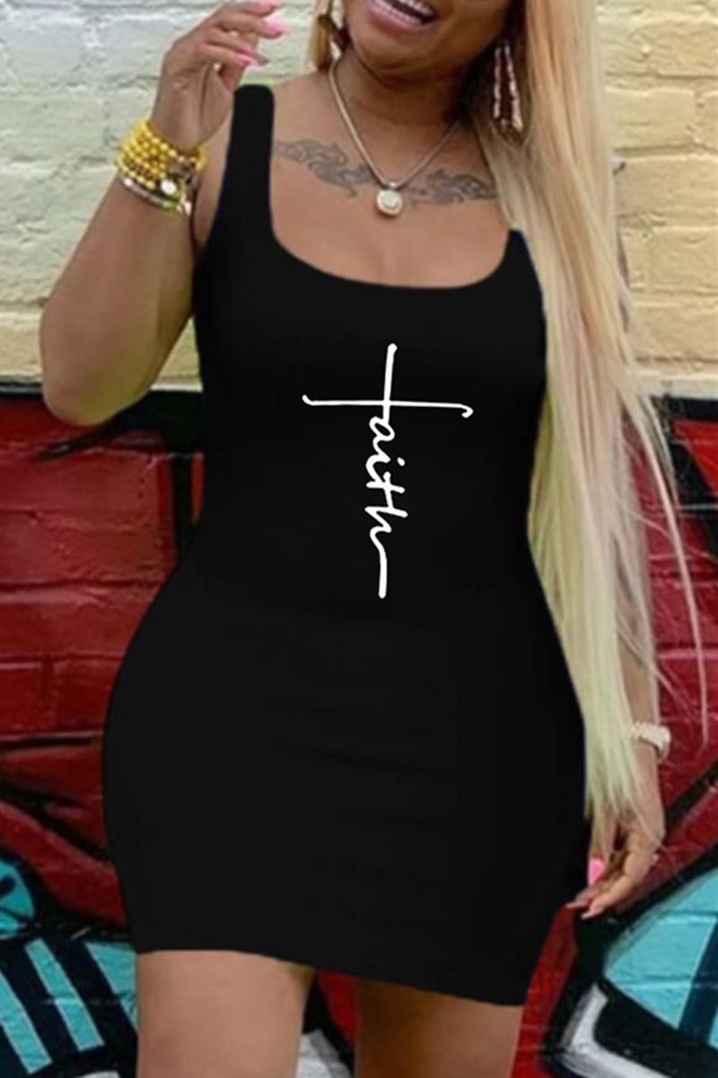

Black Fashion Casual Print Basic U Neck Vest Dress