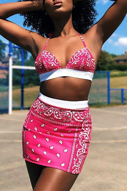 Rose Red Fashion Sexy Print Backless Halter Sleeveless Two Pieces