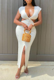 White Sexy Solid Hollowed Out Slit V Neck Short Sleeve Dress