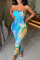 Blue Sexy Print Hollowed Out Patchwork Frenulum Strapless Skinny Jumpsuits
