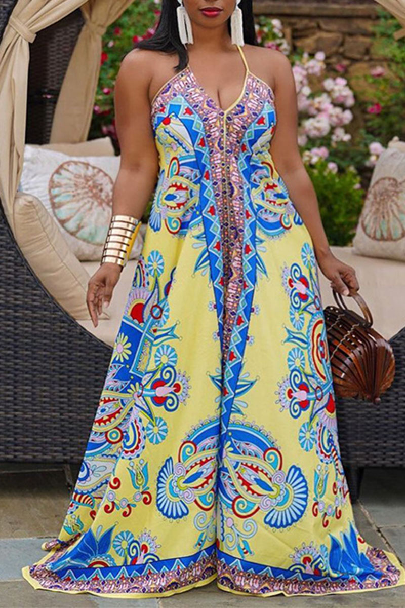 

Yellow Sexy Print Patchwork Backless Spaghetti Strap Plus Size Jumpsuits