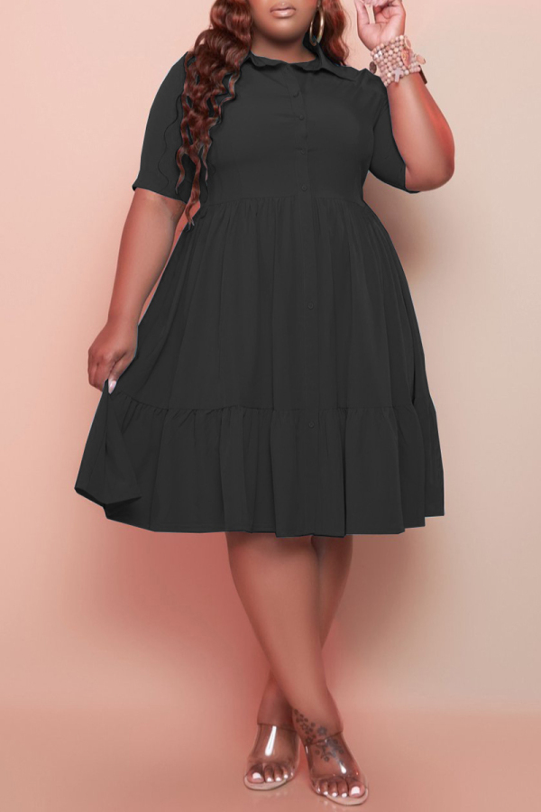 Black Fashion Casual Solid Basic Turndown Collar Plus Size Dresses