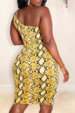 Gold Sexy Print Split Joint Zipper Collar Pencil Skirt Plus Size Dresses