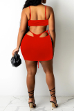Red Sexy Solid Backless Strap Design Spaghetti Strap Sleeveless Three-piece Set
