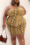 Gold Sexy Print Split Joint Zipper Collar Pencil Skirt Plus Size Dresses