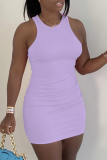 Purple Casual Solid Patchwork O Neck Pencil Skirt Dresses