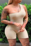 Khaki Fashion Casual Solid Backless One Shoulder Plus Size Romper