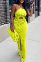 Fluorescent Yellow Sexy Solid Hollowed Out Halter Irregular Dress Dresses