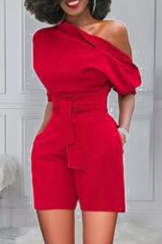 Red Casual Solid Bandage One Shoulder Regular Rompers