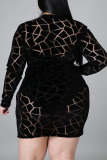 Black Sexy Solid Split Joint See-through Zipper Half A Turtleneck Pencil Skirt Plus Size Dresses