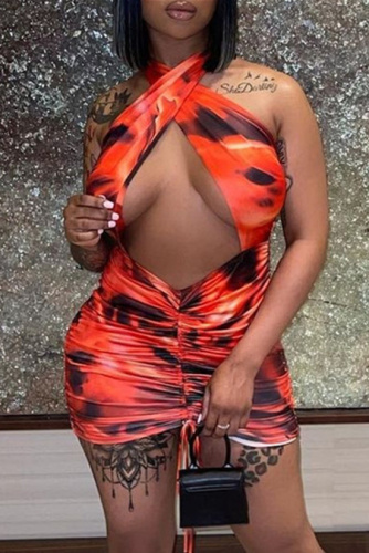 Red Fashion Sexy Print Hollowed Out Backless Halter Sleeveless Dress