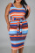 Orange Blue Casual Striped Print Bandage Split Joint Knotted U Neck Pencil Skirt Plus Size Dresses