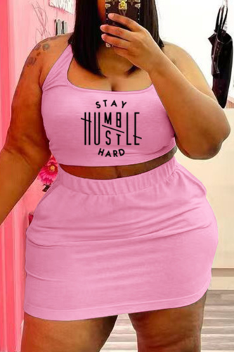 Pink Casual Print Patchwork Square Collar Pencil Skirt Plus Size Two Pieces
