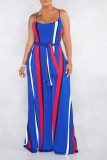 Baby Blue Casual Striped Split Joint Spaghetti Strap Straight Dresses