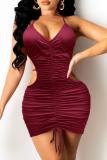 Burgundy Sexy Solid Hollowed Out Halter Pencil Skirt Dresses