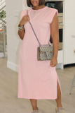 Pink Casual Solid Patchwork O Neck Straight Dresses