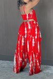 Red Sexy Patchwork Tie-dye Spaghetti Strap Sleeveless Two Pieces