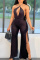 Black Fashion Sexy Solid Backless Slit Halter Regular Jumpsuits