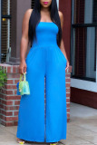 Blue Casual Solid Patchwork Strapless Straight Jumpsuits