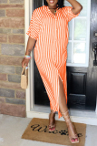 Orange Fashion Casual Striped Print Basic Turndown Collar Shirt Dress