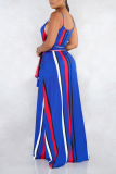 Baby Blue Casual Striped Split Joint Spaghetti Strap Straight Dresses