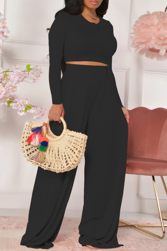 Black Fashion Casual Solid Basic O Neck Long Sleeve Two Pieces