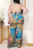 Red Blue Fashion Sexy Print Backless Halter Plus Size Jumpsuits