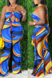 Blue Sexy Print Hollowed Out Halter Plus Size Jumpsuits