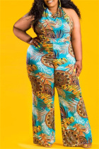 Yellow Blue Fashion Sexy Print Backless Halter Plus Size Jumpsuits