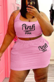 Pink Casual Print Patchwork U Neck Plus Size Two Pieces