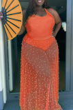 Tangerine Red Sexy Solid Hot Drill Halter Cake Skirt Plus Size Two Pieces