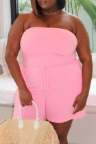 Pink Sexy Casual Solid Backless Strapless Plus Size Jumpsuits