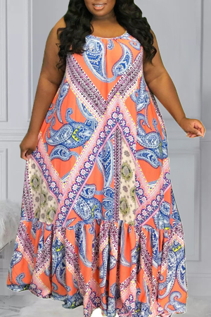 Tangerine Red Casual Print Patchwork Spaghetti Strap Straight Plus Size Dresses