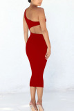 Red Sexy Solid Hollowed Out Patchwork Oblique Collar Pencil Skirt Dresses