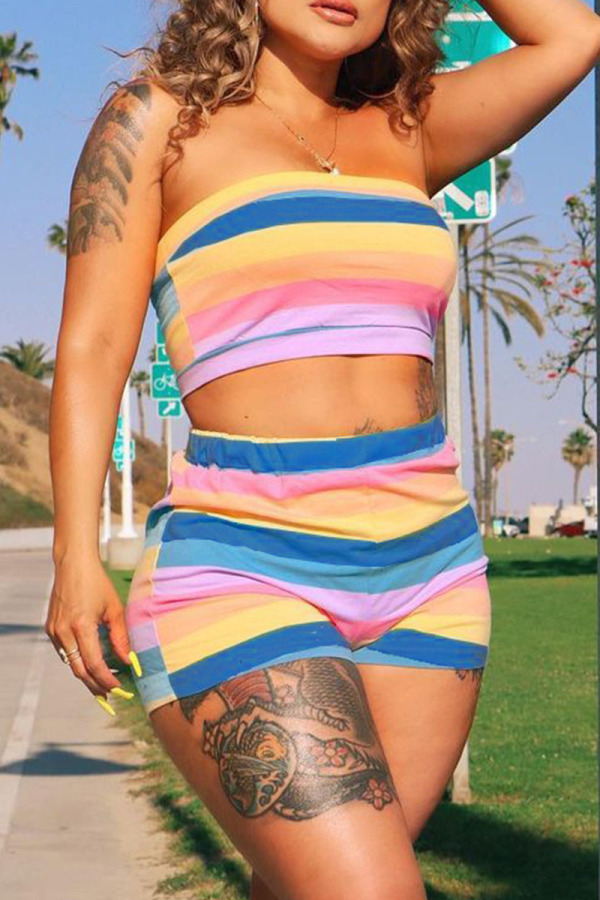 Rainbow Color Sweet Striped Print Patchwork Strapless Sleeveless Two Pieces
