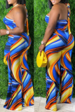 Blue Sexy Print Hollowed Out Halter Plus Size Jumpsuits