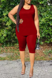 Red Casual Solid Patchwork U Neck Plus Size Two Pieces