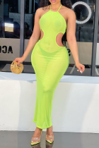 Fluorescent Green Sexy Solid See-through Mesh Halter Pencil Skirt Dresses