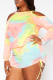 Rainbow Color Sexy Print Patchwork O Neck Plus Size Two Pieces