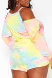 Rainbow Color Sexy Print Patchwork O Neck Plus Size Two Pieces